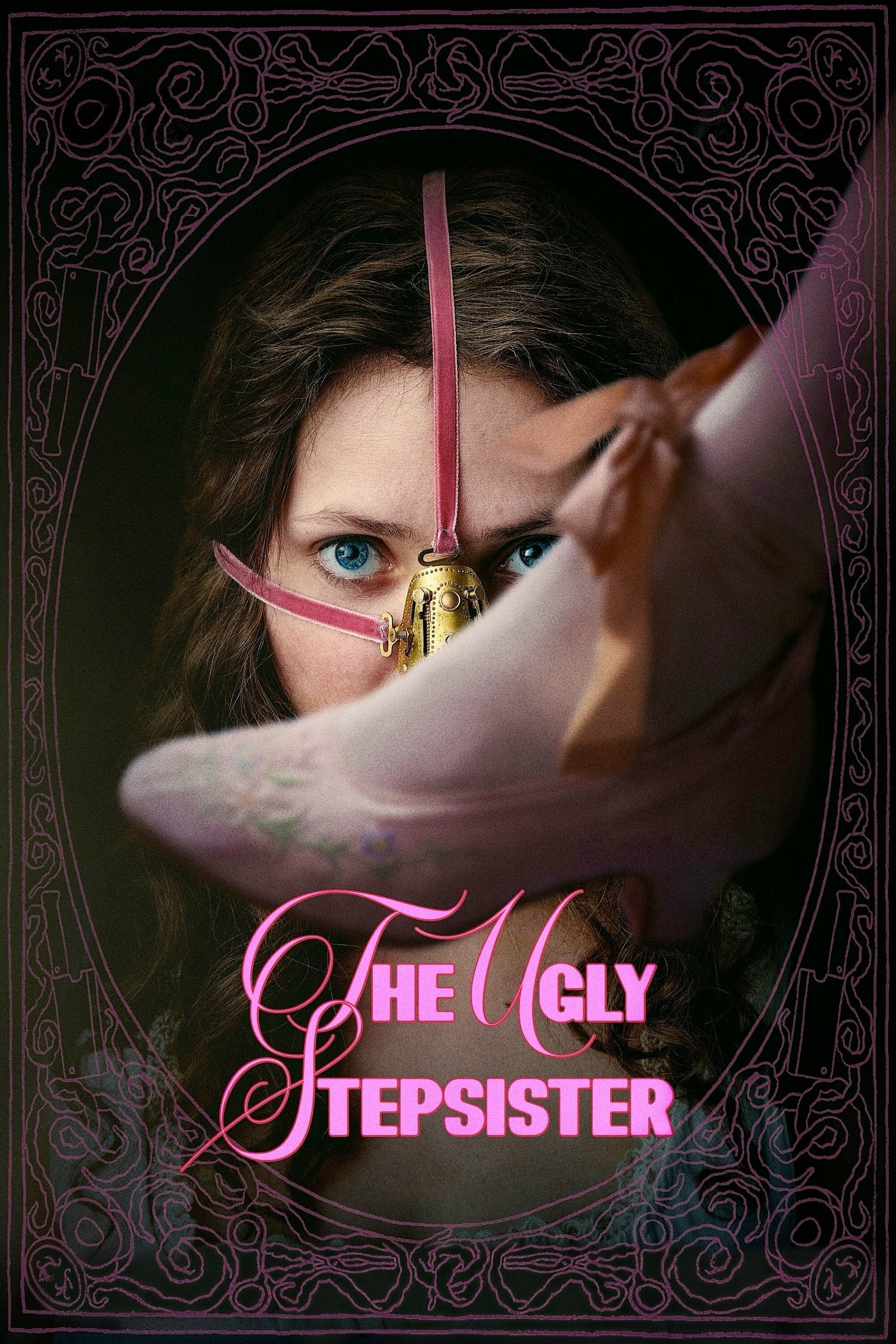 A woman with intense blue eyes is partially obscured by a pink and gold ornate mask covering her nose. A pink shoe with floral embroidery is prominently held in the foreground. The words "The Ugly Stepsister" are written in ornate pink lettering at the bottom. The image is framed with intricate purple designs.