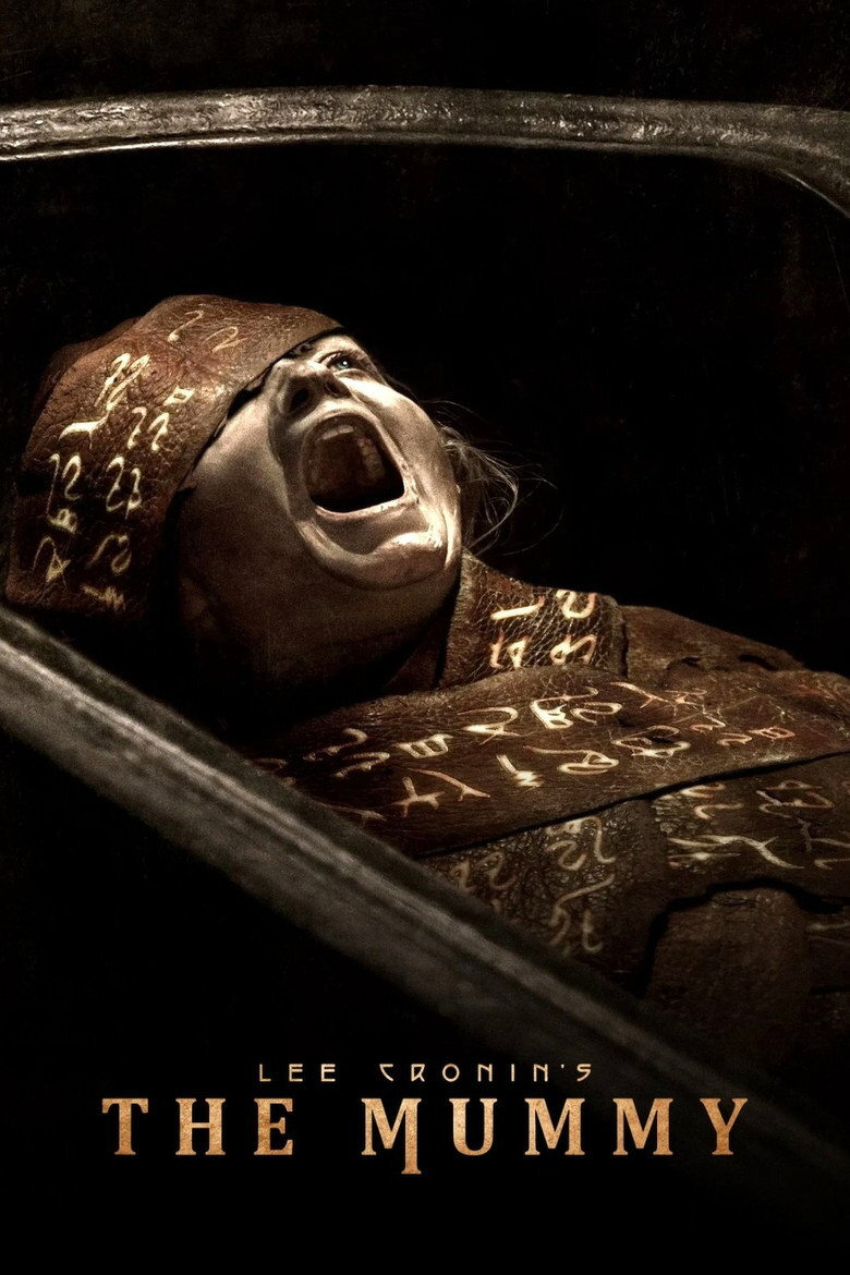 A horrifying image of a mummy wrapped in ancient, tattered brown cloth covered with glowing golden runes and symbols, lying in a partially opened stone sarcophagus. The mummy’s mouth is wide open in a silent scream, showing its teeth, and one eye is dimly visible, giving an eerie, lifelike impression. The background is dark and shadowy, emphasizing the decayed, supernatural figure. At the bottom, the text reads “Lee Cronin’s The Mummy” in bold, golden letters.