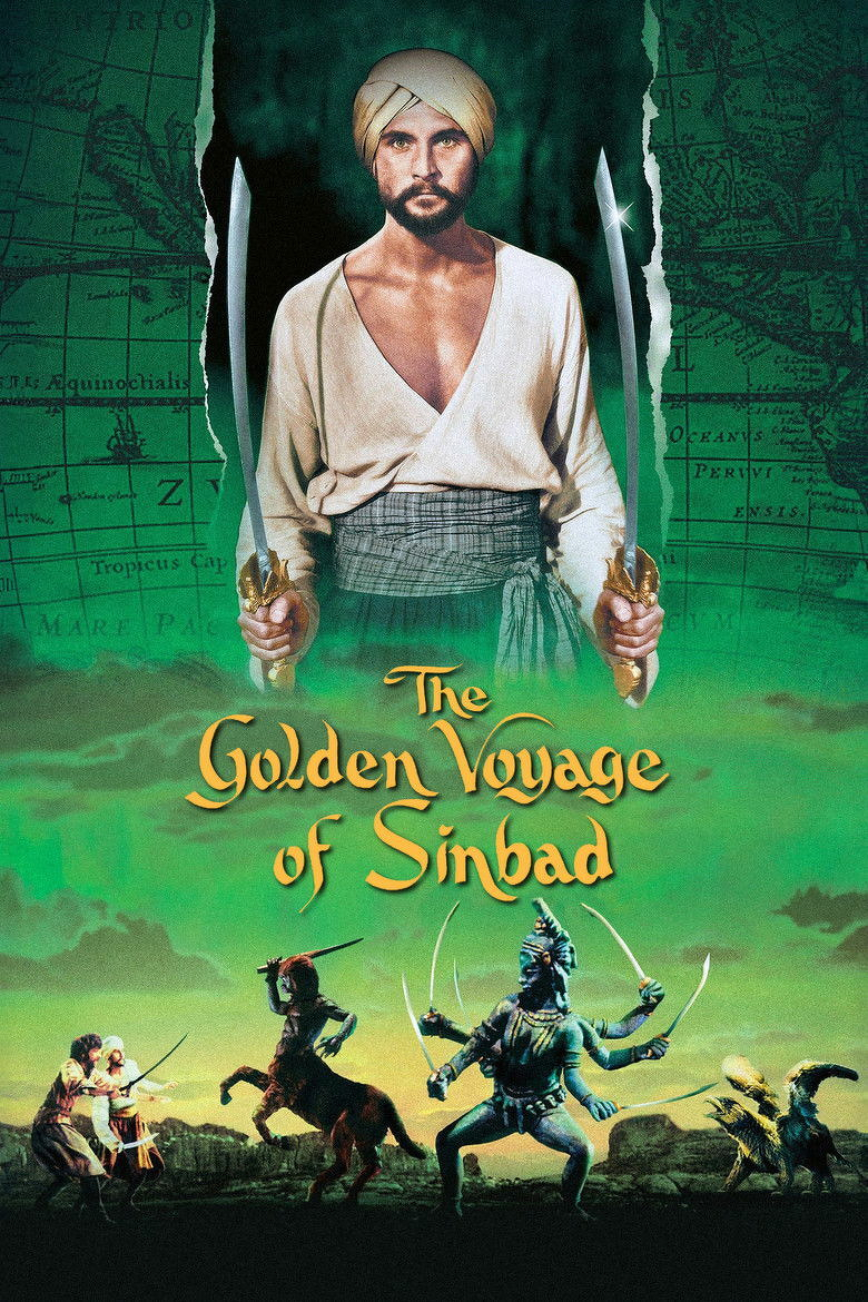 A movie poster for "The Golden Voyage of Sinbad." The poster features a man in a turban holding two swords. He is wearing a white shirt and a gray skirt. Behind him is a green map. Below the man are five figures on horseback. The title of the movie is written in gold letters at the bottom of the poster.