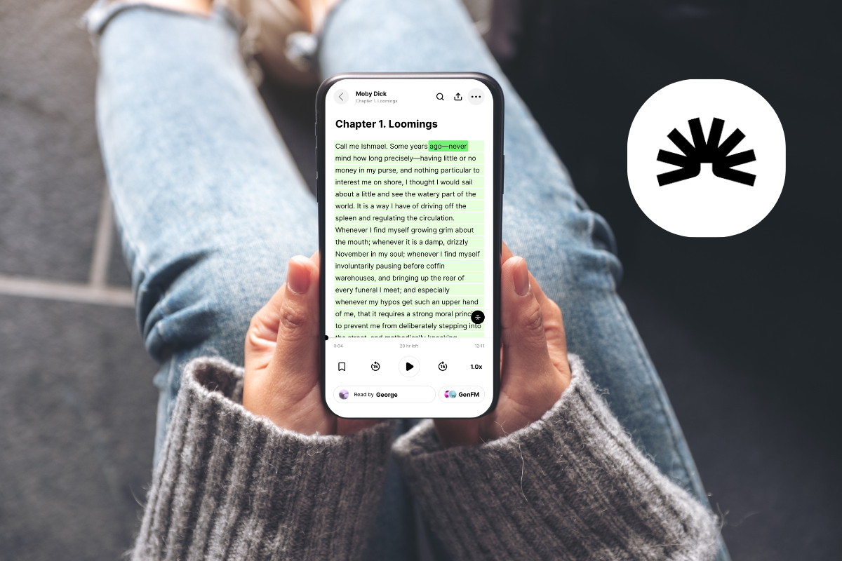 Close-up of a person holding a smartphone displaying an e-book, "Chapter 1. Loomings" from "Moby Dick." The text is highlighted in green. The screen shows various controls including play, volume, and a read-aloud feature, with the voice "Read by George." The person is wearing a cozy gray sweater, and the background is a blurred view of denim jeans. A stylized logo appears beside the phone.
