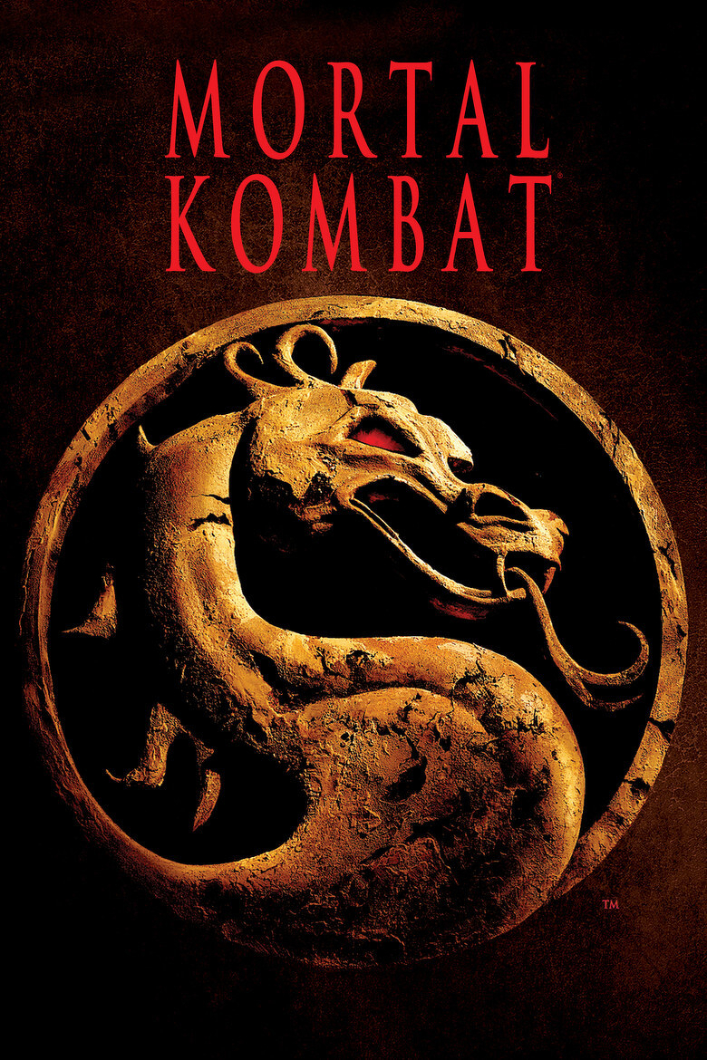 A dark, textured background features a large, weathered, golden dragon emblem encircled within a cracked ring. The dragon is coiled, facing to the right, with its mouth open and a long, curling tongue extending outward, giving a fierce appearance. Above the emblem, large red capital letters spell out “MORTAL KOMBAT.” The overall style is gritty and dramatic, emphasizing a sense of intensity and battle.