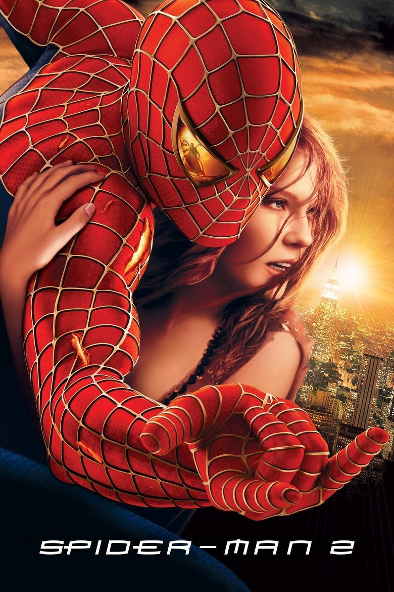A dramatic poster for the movie “Spider-Man 2” features Spider-Man in his red and blue suit with gold-edged webbing, holding a distressed woman against a backdrop of a glowing sunset cityscape. The reflection in Spider-Man’s eye shows a figure, suggesting a moment of action. His suit has visible scratches and tears, emphasizing a battle-worn appearance. The woman clings to him, her reddish-brown hair windswept, and her expression shows fear and surprise. Below the image, the title “SPIDER-MAN 2” appears in sleek white text.