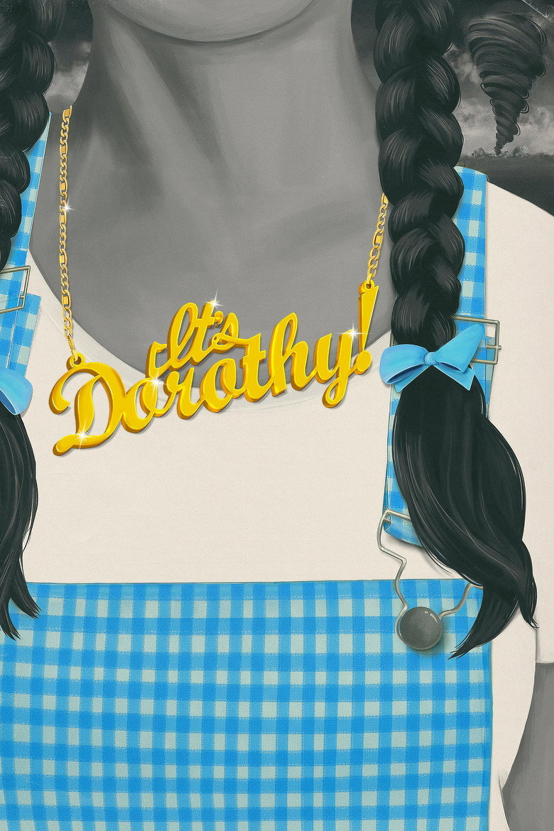 A stylized illustration depicts a person with long black hair in two braids, tied with light blue bows, wearing a blue and white gingham dress with a white shirt underneath. Around their neck is a large, shiny gold necklace with the words “It’s Dorothy!” in cursive letters. A tornado swirls in the background on the right side. The image is mostly in shades of grey except for the blue dress, bows, and the gold necklace, which stand out vividly.