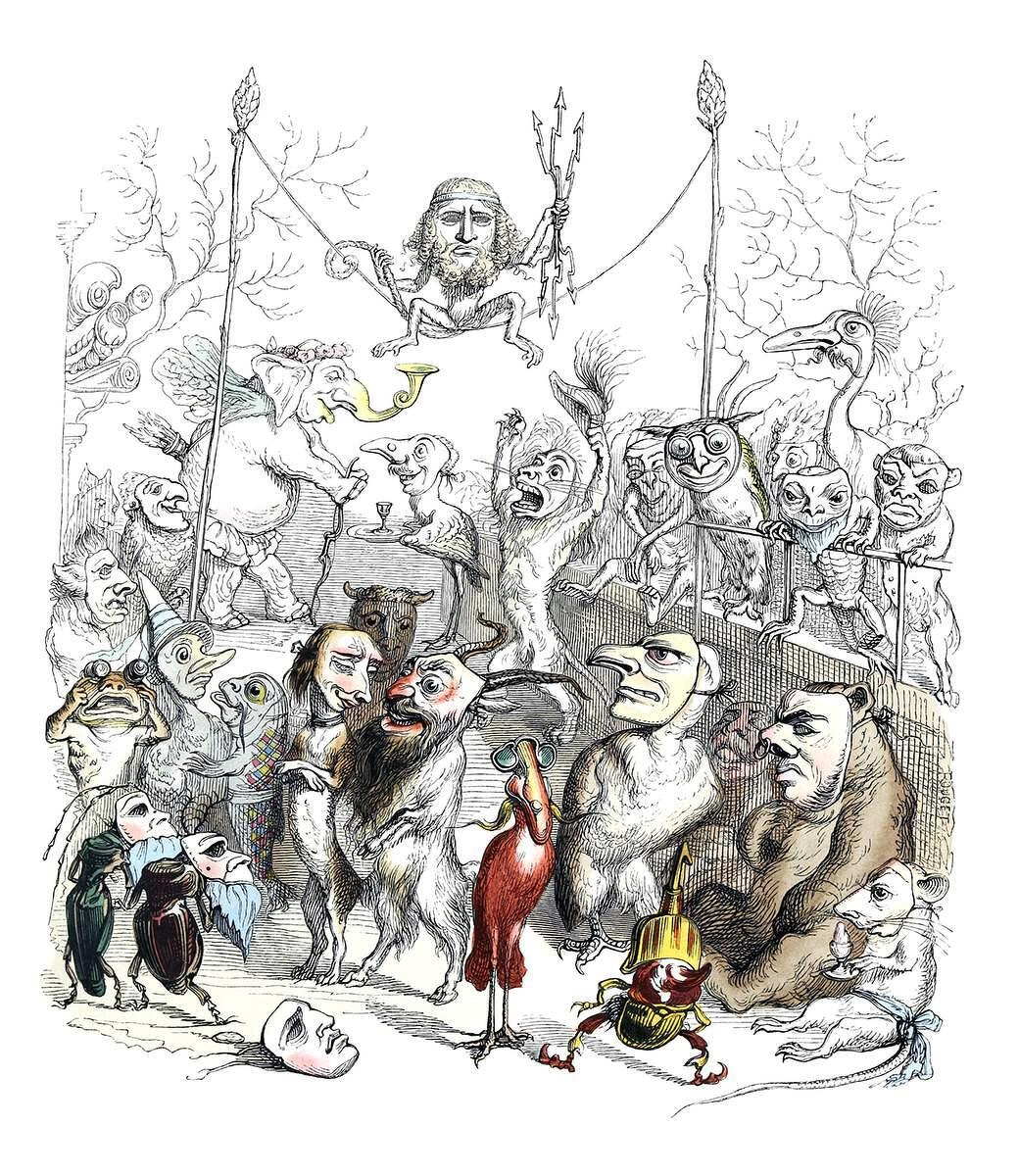A surreal and whimsical illustration featuring a gathering of bizarre, anthropomorphic creatures with human-like faces and animal bodies. At the centre, a goat-headed figure with a bearded human face stands next to a bird-like creature with a bright red body. Surrounding them are various fantastical beings: a humanoid figure with a long nose and downturned expression, a bear-like creature with a human face reclining on the right, and a bug-like character wearing a golden helmet in the foreground. In the background, more creatures crowd together, including an elephant with wings and a yellow trumpet-like trunk, a bird-headed figure, and a mix of furry and birdlike beings. Above them, a solemn human-faced figure crouches on a trapeze, holding a trident, flanked by two high poles with decorative tips. Scattered masks and disembodied faces appear on the ground. The scene is chaotic and dreamlike, framed by thin, bare trees and swirling line art in the background.
