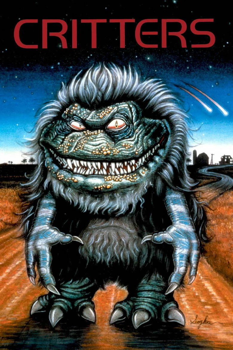 A movie poster for the film "Critters." The poster features a menacing alien creature standing in the middle of a dirt road. The creature has a scaly, dark green body with a tuft of white hair on its head. Its face is grotesque, with sharp, yellow teeth, glowing red eyes, and small yellow bumps covering its forehead and cheeks. The creature's claws are long and metallic, and it has a shaggy white beard on its chest.&10;&10;In the background, a starry night sky stretches across the top of the poster, with two bright comets streaking across it. Below the sky, a silhouette of a rural landscape is visible, including a few trees and a distant house.&10;&10;At the top of the poster, the title "CRITTERS" is written in bold, red capital letters.
