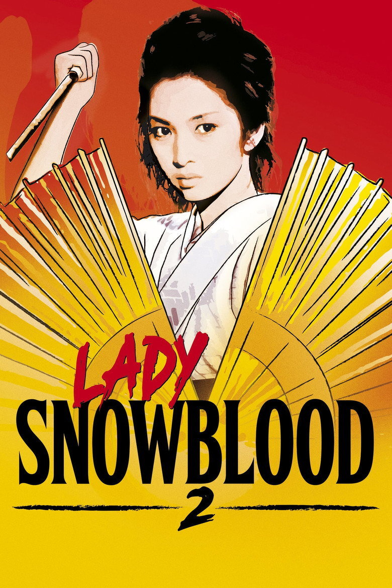 A stylized illustrated poster shows a woman in a white kimono holding a sword raised in her right hand and two large golden fans spread in front of her. The background transitions from deep red at the top to orange towards the centre, blending into yellow at the bottom. Bold red text reading “LADY” and large black text reading “SNOWBLOOD” are positioned over the fans, with a small black number “2” beneath. The woman has an intense, serious expression, and the artwork uses sharp lines and high contrast, creating a dramatic, graphic-novel-like effect.