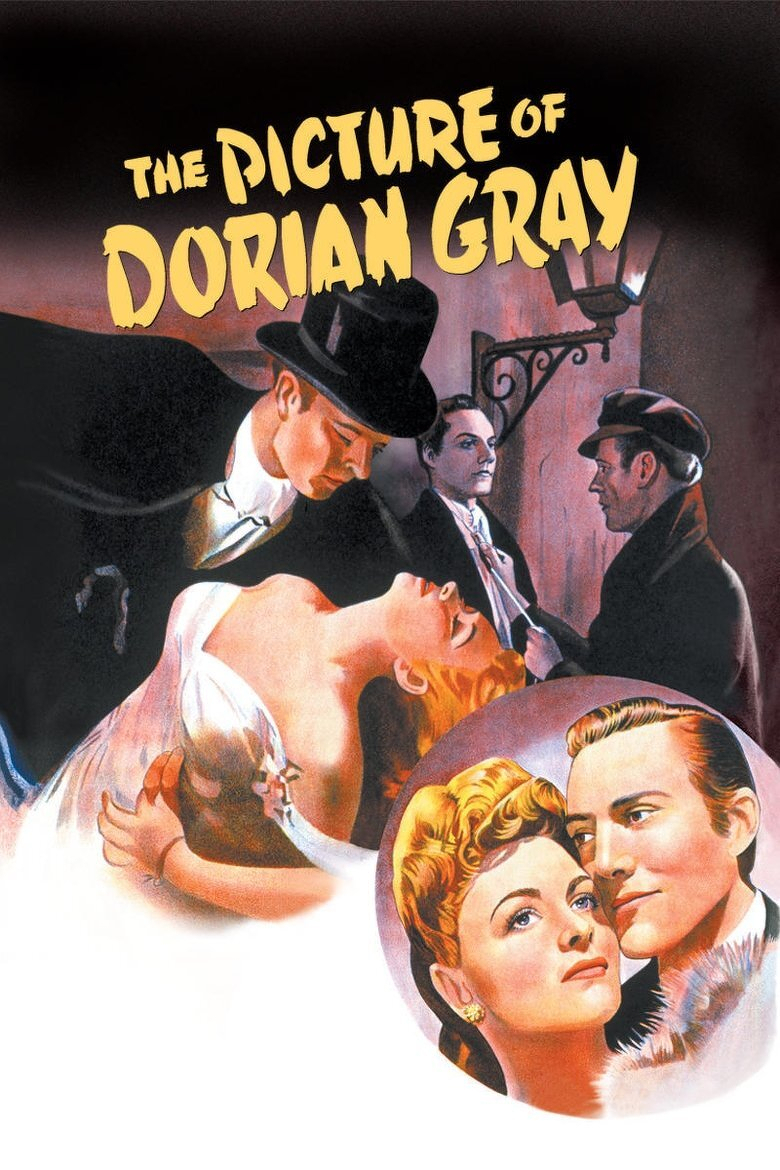 A vintage illustrated movie poster for “The Picture of Dorian Gray” features bold yellow lettering at the top. The artwork shows a dramatic scene where a man in a black tuxedo and top hat leans over a fainting woman in a white dress with red hair cascading down, while two men in dark coats and hats watch from the background under a wrought-iron streetlamp. A circular inset in the lower right corner depicts a close-up of a man and woman looking off into the distance, the woman with red hair and a fur collar and the man with slicked-back hair and a formal suit. The overall colour palette includes deep reds, blacks, and warm skin tones, evoking a classic film noir atmosphere.