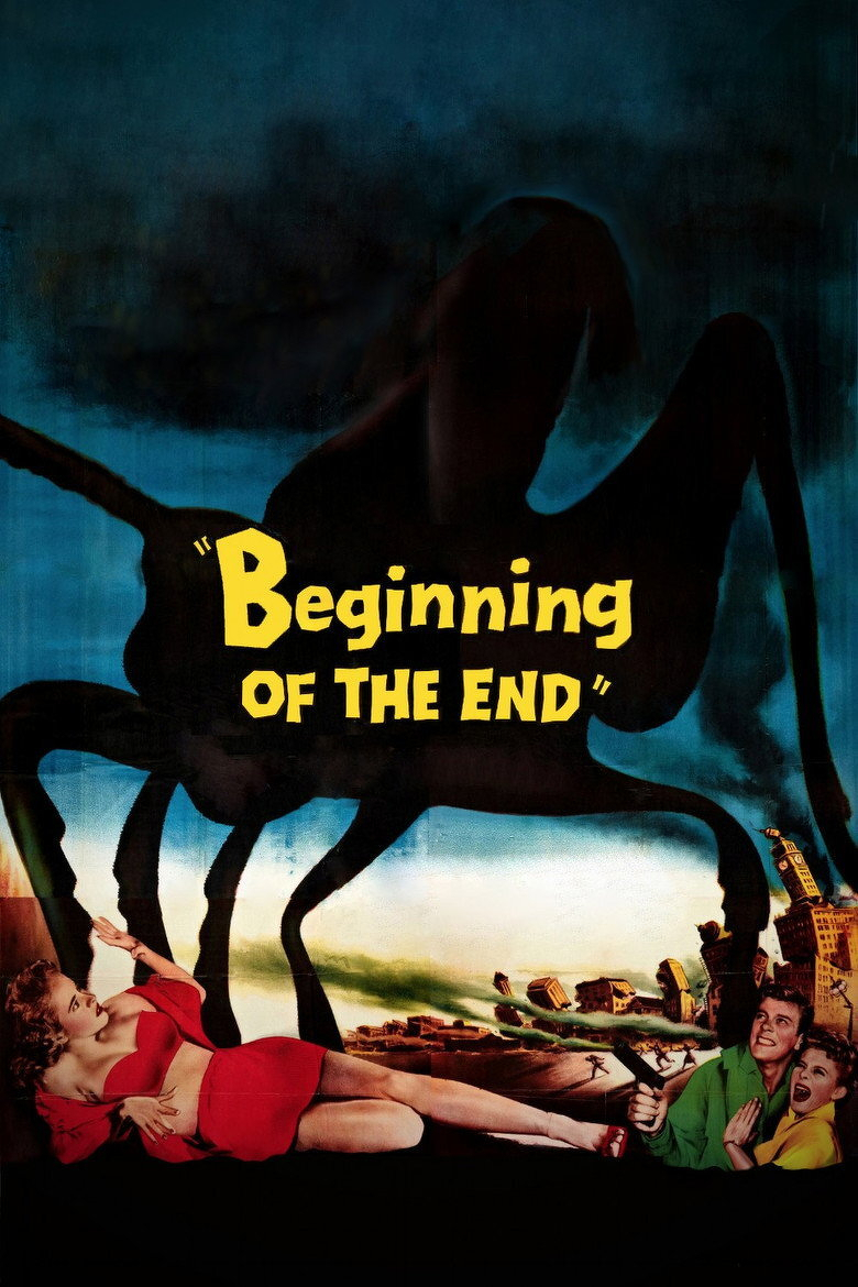 A vintage movie poster features a giant black silhouette of a monstrous insect, resembling a grasshopper or locust, towering over a cityscape with buildings tilting and toppling in the background. In the foreground, a woman in a red two-piece outfit lies on the ground, looking terrified as she leans back on her elbow. To the right, a man in a green shirt clutches a gun while holding a frightened woman dressed in yellow. The background sky shifts from dark blue at the top to light near the horizon, emphasizing the looming creature. The text in large, bold yellow letters reads “Beginning of the End.”
