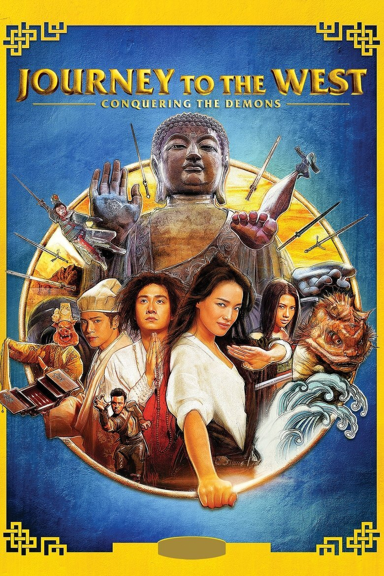 A vibrant movie poster featuring the title “JOURNEY TO THE WEST: CONQUERING THE DEMONS” at the top in golden letters with a decorative yellow border and geometric patterns in the corners. The centre of the poster shows a massive Buddha statue with one hand raised and surrounded by numerous flying swords. In front of the statue are several characters: a man in white robes with messy hair and hands pressed together in prayer, a confident woman in a white top reaching her hand forward, a woman with long hair wielding a weapon, and a man in a scholar’s hat holding an open box. A pig-like creature dressed in yellow and a large, menacing fish-like demon appear near the bottom. Smaller figures engage in action poses, including one leaping with a weapon, while waves and golden light form part of the background.
